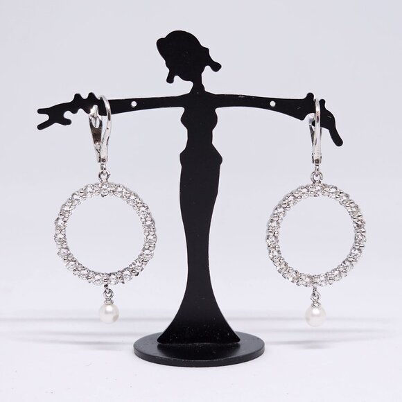 Premier Designs 925 Sterling Silver CZ Crystal Pearl Dangle Earrings Circle - Picture 12 of 12